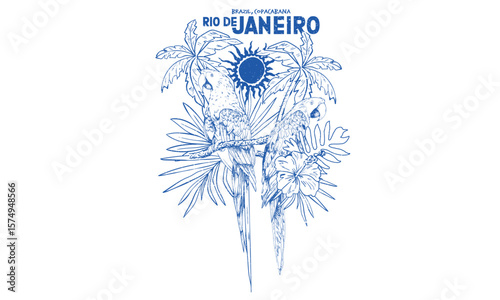 Tropical bird with flower graphic print design. Copacabana beach art. Tropical paradise. Banana tree. Macaw paradise artwork. Summer vibes artwork. 