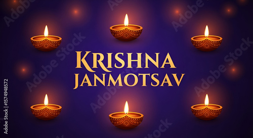 Elegant illustration of Krishna Janmotsav celebration with glowing traditional diya lamps on deep purple background perfect for Janmashtami religious festive greeting design