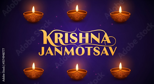 Elegant illustration of Krishna Janmotsav celebration with glowing traditional diya lamps on deep purple background perfect for Janmashtami religious festive greeting design