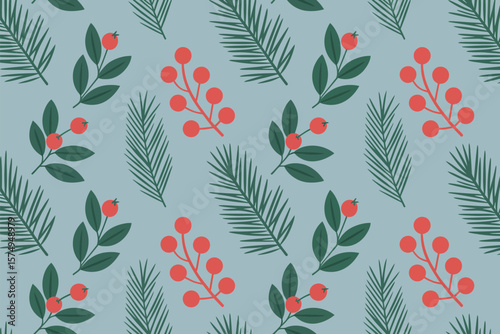 Repeating pattern of green leaves, red berries, and evergreen branches on a light blue background