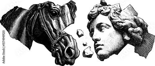 Engraved horse and classical sculpture fragment collage for artistic designs