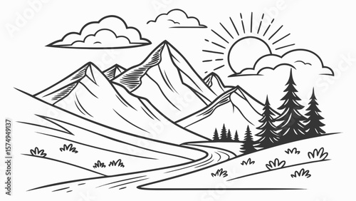 A winding road leads through a mountainous landscape with trees, under a sky with clouds and a shining sun, creating a scenic view