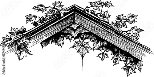Fragmented temple architectural engraving with ivy and spider web for vintage design