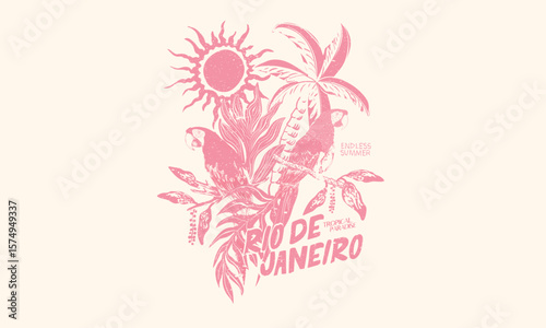 Tropical vibes t shirt artwork. Summer vibes artwork. Copacabana beach art. Tropical paradise. Banana tree. Macaw paradise artwork. Tropical bird with flower graphic print design.