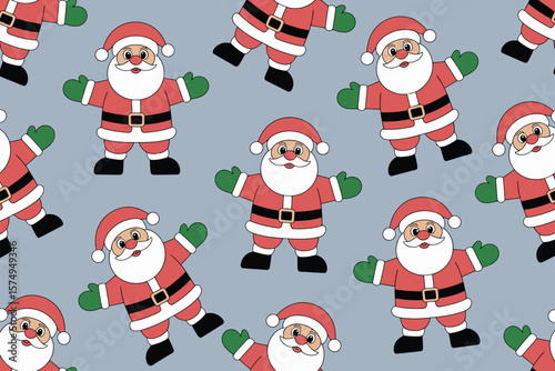 Seamless pattern featuring cartoon santa claus figures on a light blue gray colored background design festive