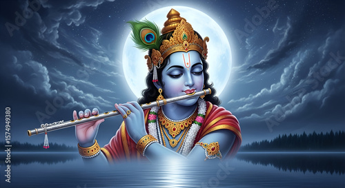 Divine digital painting of Lord Krishna playing flute in front of glowing full moon surrounded by serene water reflections and peaceful night sky for spiritual celebration
