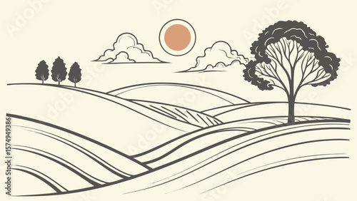 Rolling fields and a lone tree under a sunny sky create a peaceful rural landscape, evoking the tranquility of the countryside