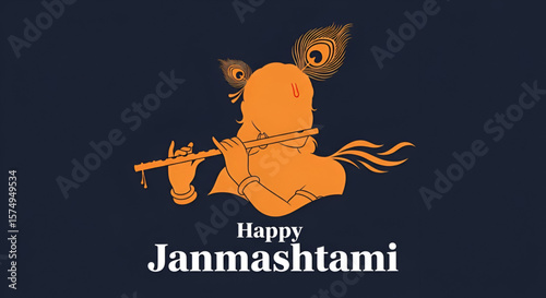 Silhouette style illustration of Lord Krishna playing flute with glowing peacock feather on dark background concept for Janmashtami spiritual celebration and devotional artwork