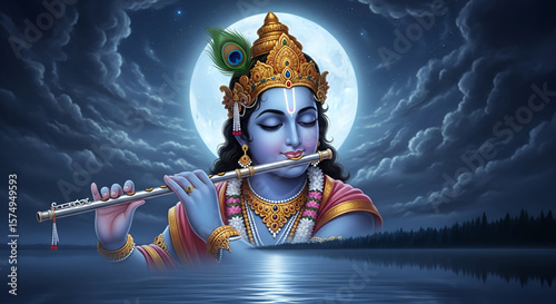 Divine digital painting of Lord Krishna playing flute in front of glowing full moon surrounded by serene water reflections and peaceful night sky for spiritual celebration