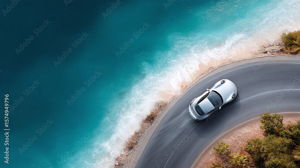 Obraz premium Silver car driving on coastal road. Scenic ocean vista. Ideal for travel, lifestyle, or automotive concepts. Perfect for ads, posters, or website backgrounds.