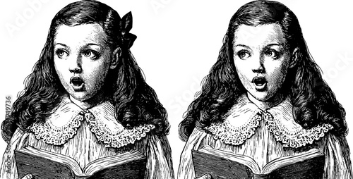 Victorian engraving of girl reciting poem with expression - ideal for educational and literary themes