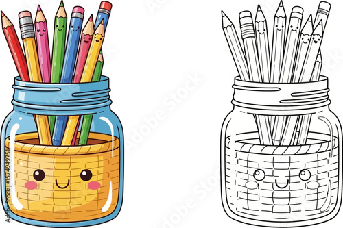 Cute pencil holder coloring page for kids and adults printable drawing pencils in a jar illustration