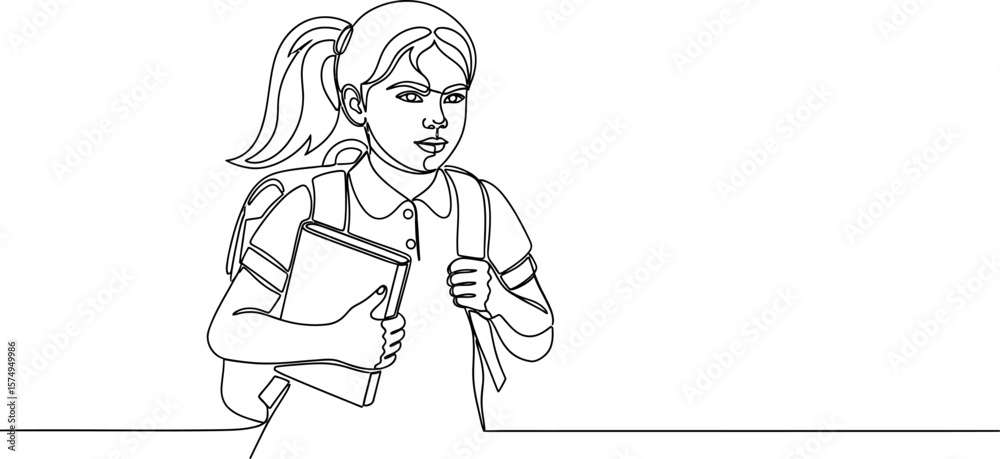 Fototapeta premium Continuous line drawing of schoolgirl with backpack and book vector illustration education concept