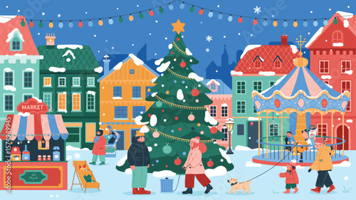Christmas Market Illustration – Festive Winter City Square with Christmas Tree, Kiosks, Families, Carousel, and Houses in Cute Vector Style for Greeting Cards and Holiday Banners