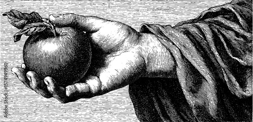 Engraved hand holding apple - vintage collage art for decorative design