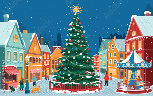Christmas Town Vector Scene – Decorated Winter Market with Families, Kiosks, Tree, Carousel, and Traditional Houses Perfect for Holiday Cards, Seasonal Backgrounds, and New Year Designs


