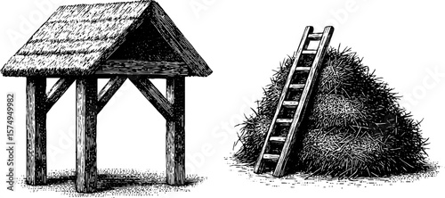 Engraved hayloft and ladder scene for rustic design