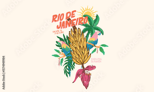 Tropical paradise. Banana tree. Macaw paradise artwork. Tropical bird with flower graphic print design. Tropical vibes t shirt artwork. Summer vibes artwork. Copacabana beach art.