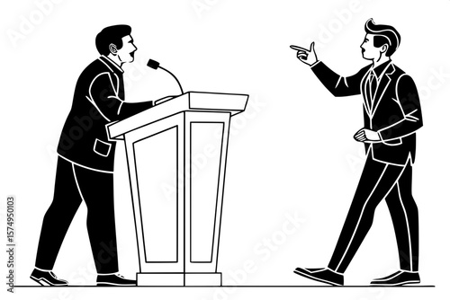"High-contrast silhouette of business presentation, two men at podiums mid-chest up, one speaking, one listening with hand raised mid-gesture, black and white, formal setting, front-facing perspective