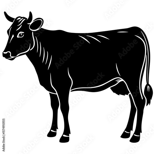 Сow silhouette logo. Black icon cow isolated on white background. Vector illustration side view.