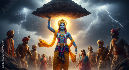 Lord Krishna lifting Govardhan mountain with divine aura during thunderstorm surrounded by villagers in traditional attire depicting ancient Indian festival celebration story
