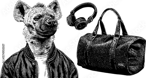 Stylish hyena in bomber jacket with headphones and bag - engraved illustration for unique design