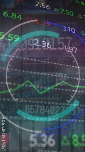 Animation of scope scanning and data processing over stock market on grey background