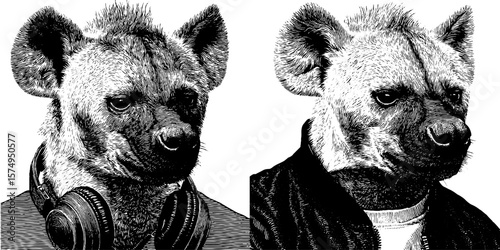 Engraved hyena portrait set with bomber jacket and headphones - abstract grunge style