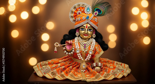 Bal Krishna idol adorned in vibrant orange dress with intricate traditional jewelry holding flute with peacock feather crown glowing in festive decorative lighting background