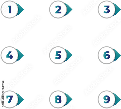 Numbered Circle Step Icons Vector Set with Arrow Tabs from 1 to 9.