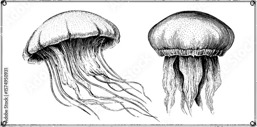 Intricate engraving of jellyfish bell and tentacles for art and design projects