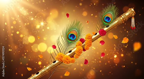 /tmp/tmp-1-Golden flute decorated with marigold and rose flowers along with vibrant peacock feathers surrounded by sparkling lights and warm bokeh for divine Krishna festival celebration