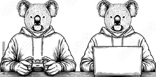 Playful koala in hoodie gaming and working on laptop - engraved illustration set