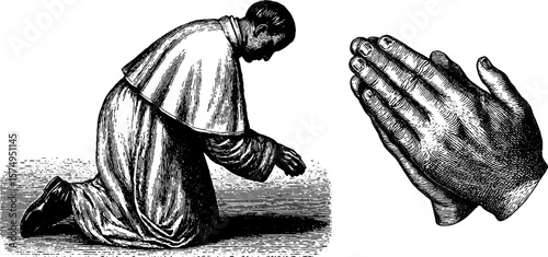 Engraved illustration of kneeling priest with praying hands design concept