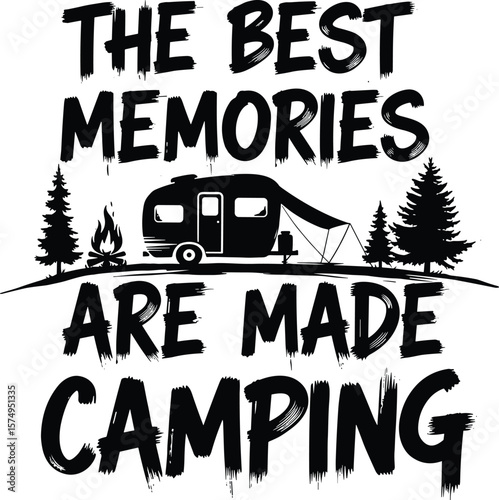 Black and white camping illustration featuring a camper van a tent and trees nostalgic camping memories design perfect for apparel prints or outdoor recreation advertising
