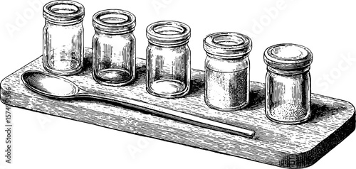 Engraved vintage liqueur flight set with spoon on wooden board - retro drinkware design