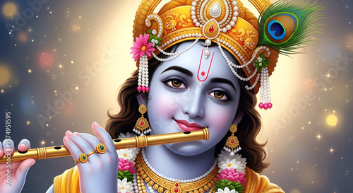 Beautiful closeup illustration of Lord Krishna smiling while playing flute with divine glow and peacock feather crown perfect for Janmashtami Holi and spiritual festivals