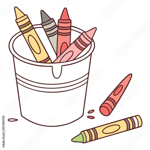 A bucket filled with colorful crayons for drawing and coloring
