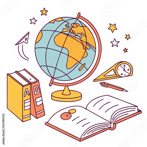 Educational items including a globe, books, and drawing tools