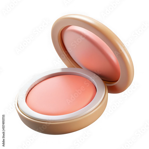 3d rendered open compact powder makeup product with pink blush isolated on transparent background