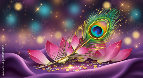 Vibrant peacock feather decorated with golden beads placed on pink lotus petals surrounded by glowing light particles on soft purple festive background for divine celebration