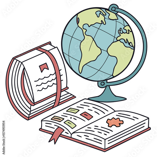 Open books and a globe represent learning and knowledge