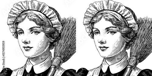 Vintage maid illustration set with cap and feather broom for design projects