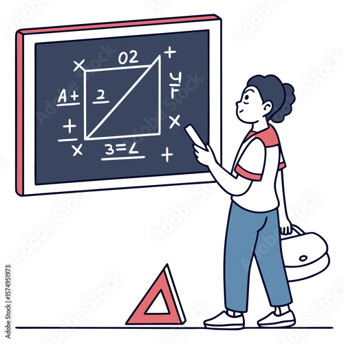Student writing math formulas on a chalkboard in a classroom
