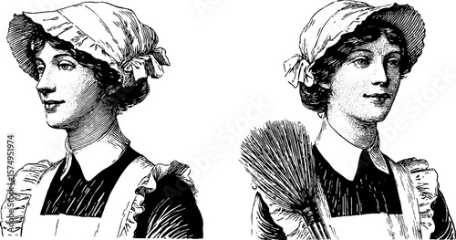 Vintage maid portrait set with cap and feather duster for retro design themes
