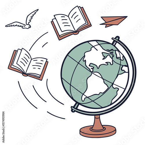 Books and a globe soar through the sky with a bird