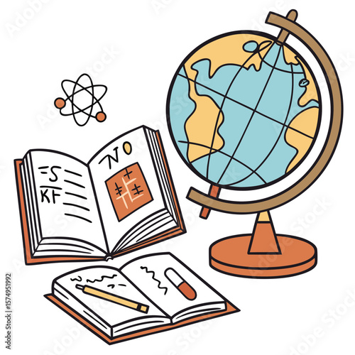 A globe and books with science symbols represent learning