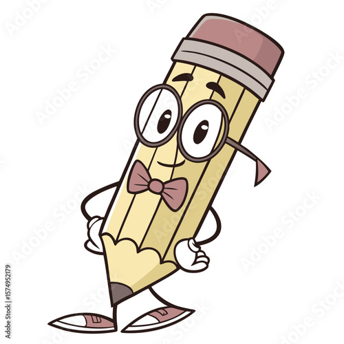 A cheerful pencil character wearing glasses and a bow tie