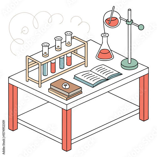 Science laboratory table with test tubes and books