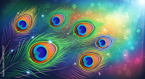 Vibrant multicolor peacock feathers artwork with sparkling bokeh lights and soft glow effect ideal for Janmashtami festival decoration and traditional Krishna celebration use
